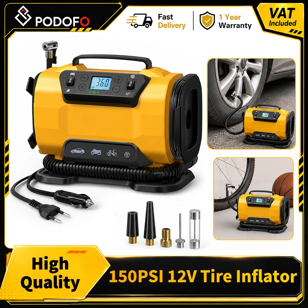 Podofo Dual Power Reifenfüller, tragbare Luftpumpe, Luftkompressor für Auto, Fahrrad, Motorrad, Limousine, mittelgroßer SUV, Luftmatratze, Sportausrüstung, Zuhause, Reisen, Camping, Vatertagsgeschenk