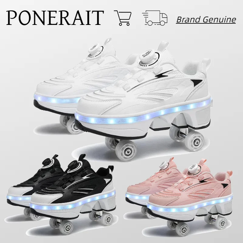 PONERAIT Shoes With Wheel PU leather Knob Adjustment Roller Sneakers New Deform Parkour Skates Shoes For Girls Special Gift