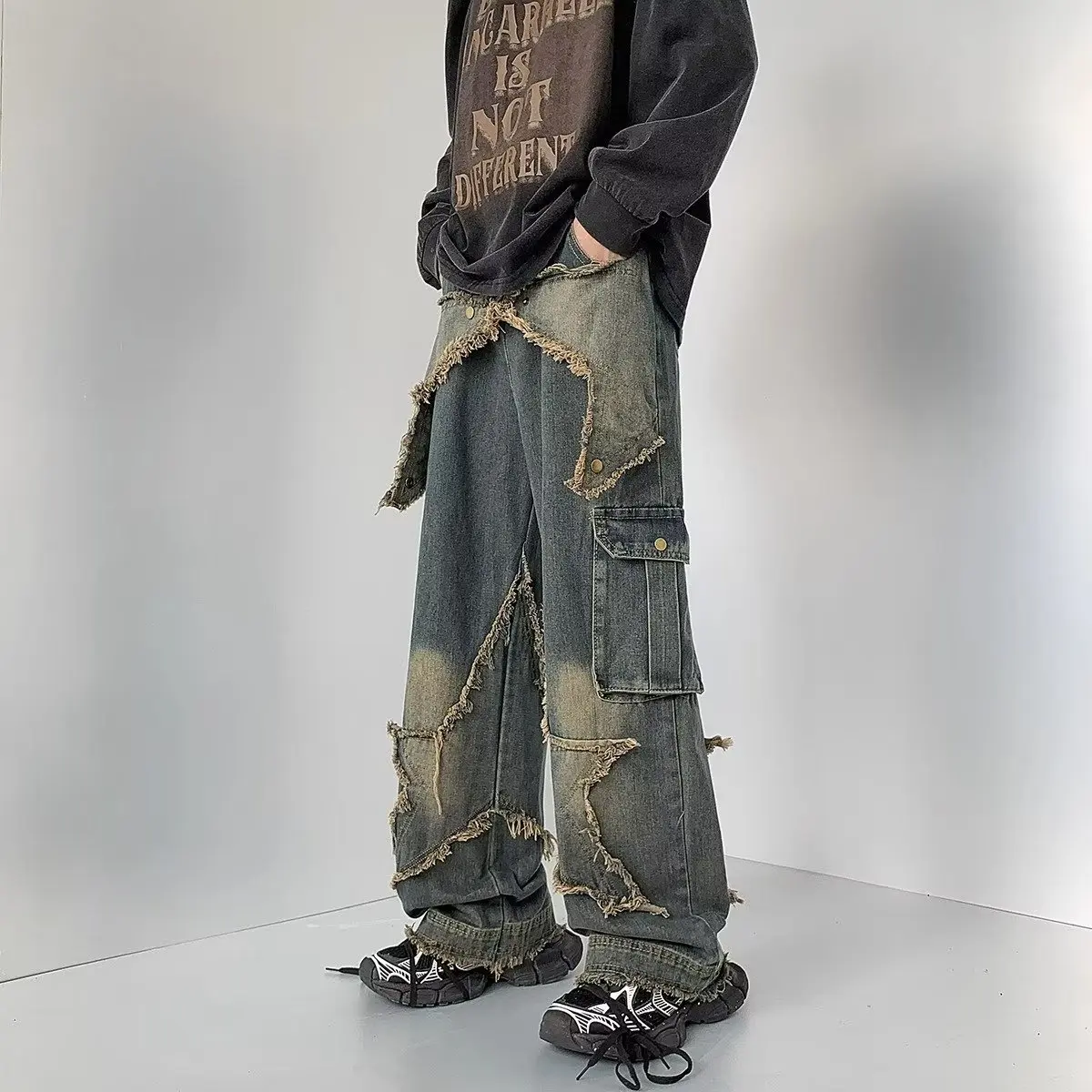 Pantaloni a gamba larga in stile americano Jeans lavaggio con frange a cinque stelle Retro High Street uomo sciolto a gamba dritta Streetwear Hip Hop