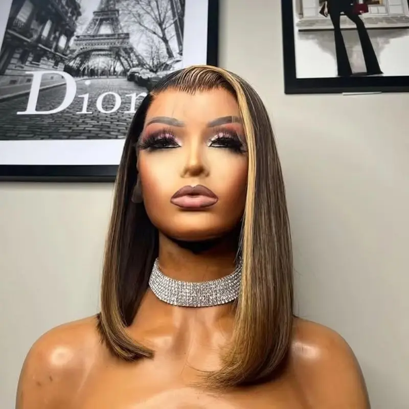 12inch Straight Highlight HD Lace Front Wig 13x4 Glueless Ombre Honey Blonde Colored Wig For Women Cosplay Party Use Wear and Go