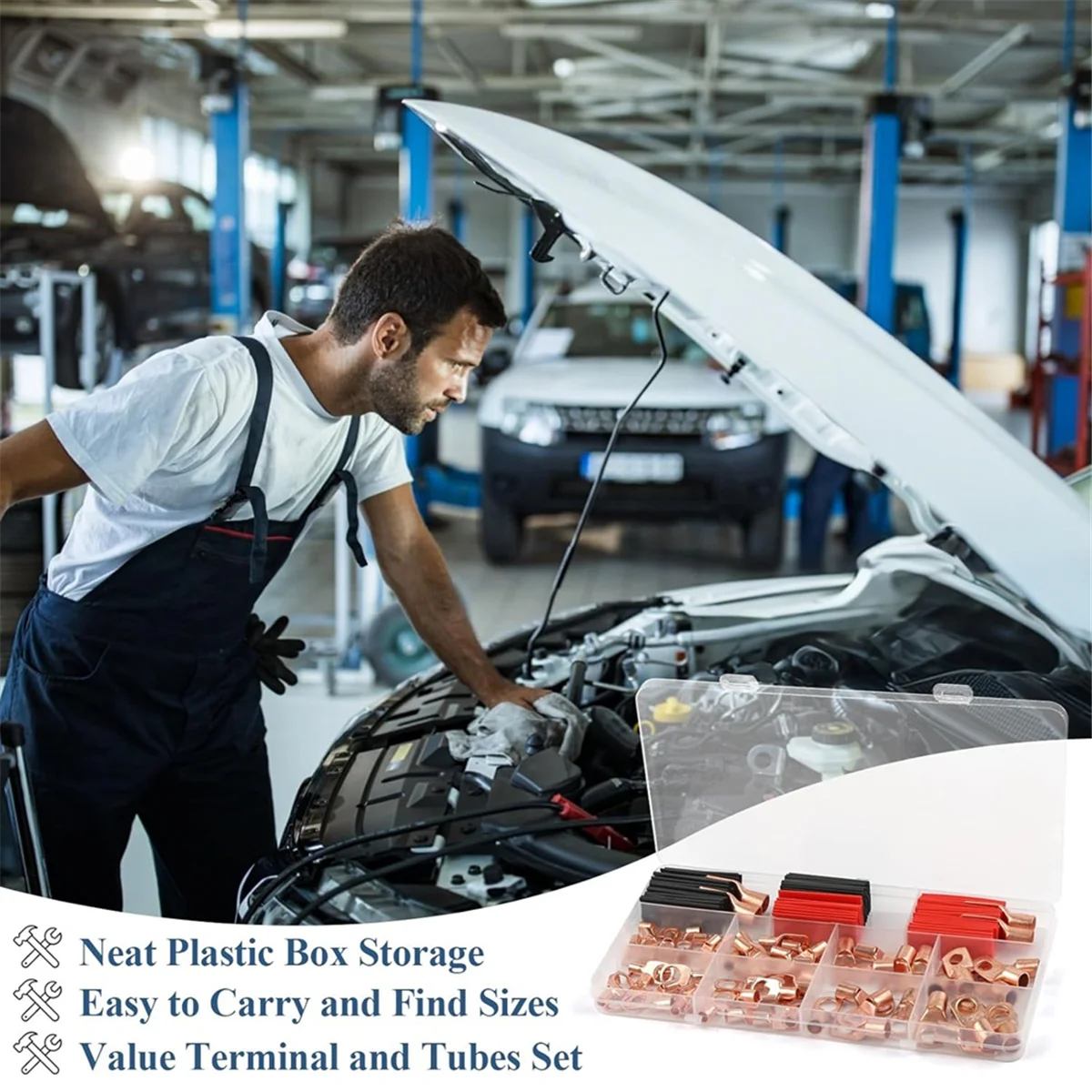 AA98 Copper Wire Lugs 130Pcs, AWG 2 4 6 8 10 12 Gauge Battery Cable Ends Connectors Assortment Kit for Marine, Automotive