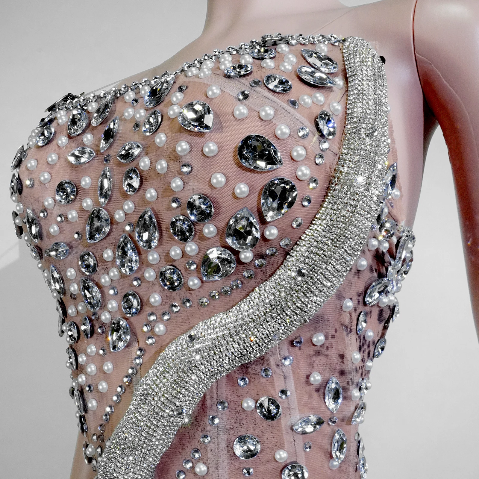 Glitzer Silber Kristall Lange Kleider Abend Party Sänger Beyonce Kostüm Look Drag Geburtstag Club Show Feiern Gogo Body Outfit