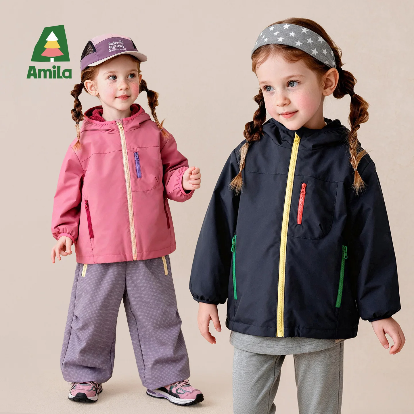 Amila 2026 Autumn New Kids Fleece Lined Jacket Warm Color Block Hooded Windproof Soft Cozy Daily Casual Outerwear
