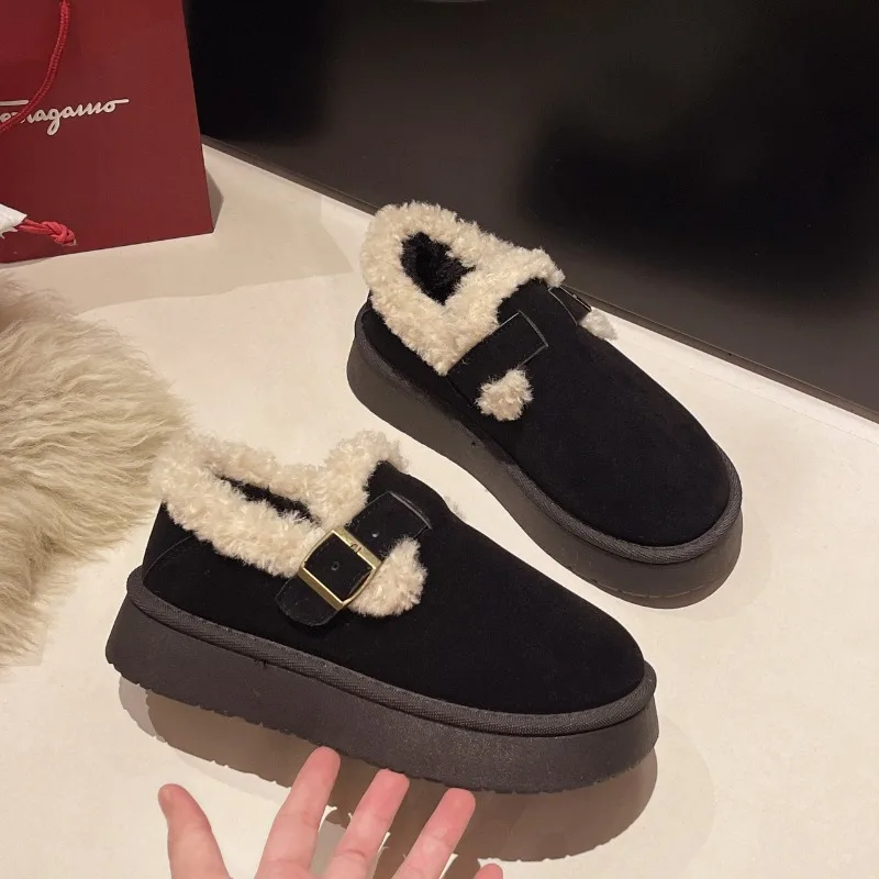 Nieuwe Stijl Winter Damesschoenen Pluche Mode Retro Bonenschoenen Katoen Dames Zool Slipper Platform Vrouwen Laars Zapatos Mujer