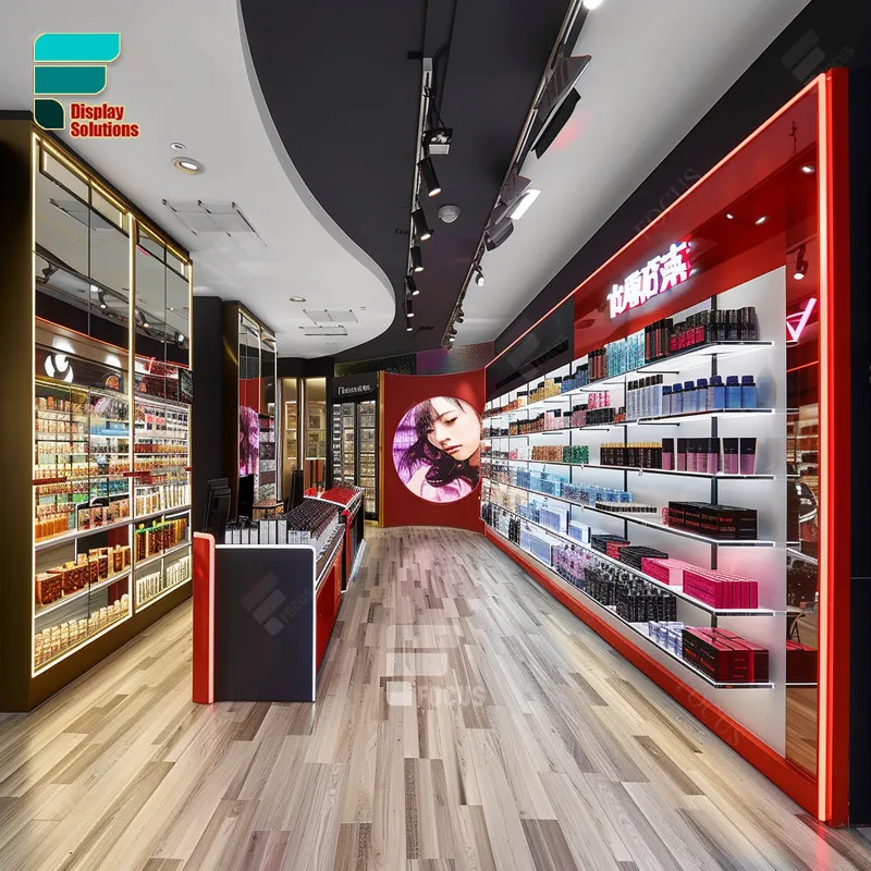 Exhibición de encimera de cosméticos al por menor personalizada, escaparate de exhibición de vidrio para perfume, estantería para tienda de pelucas, muebles de tienda de belleza