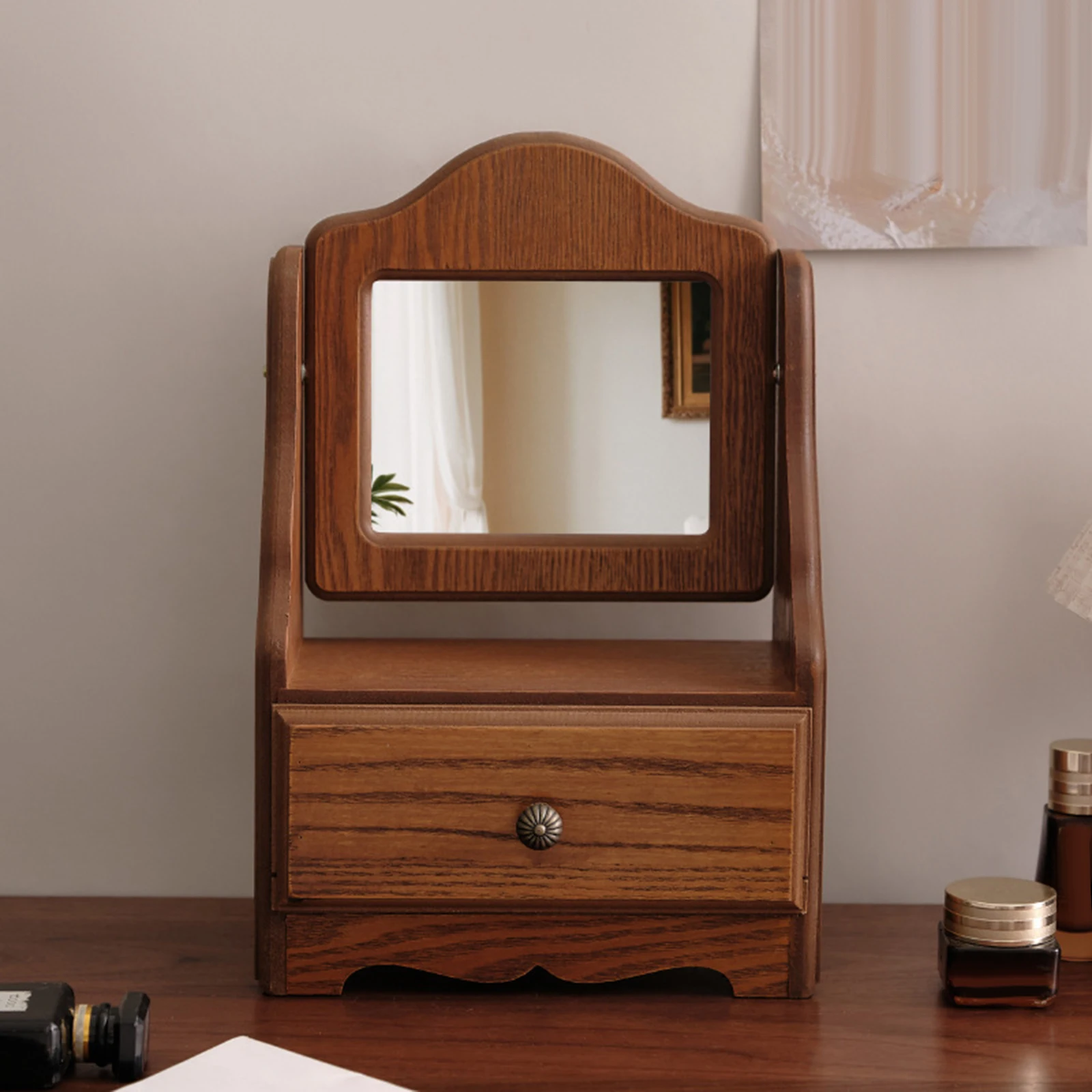 Wood Desk Makeup Mirror Dressing Mirror with Drawer Wooden Table Top Vanity Mirror Tabletop Mirror for Bathroom Bedroom Girl