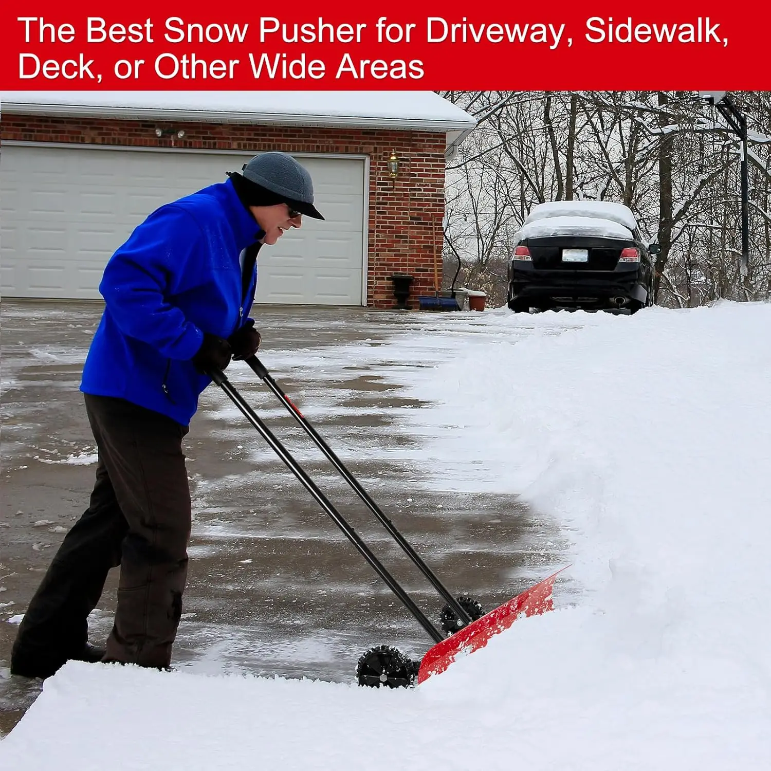 38 Inch Snow Shovel for Driveway, Bi-Direction Heavy Duty Snow Pusher with Wheels and Angled Blade for Efficient Snow Removal