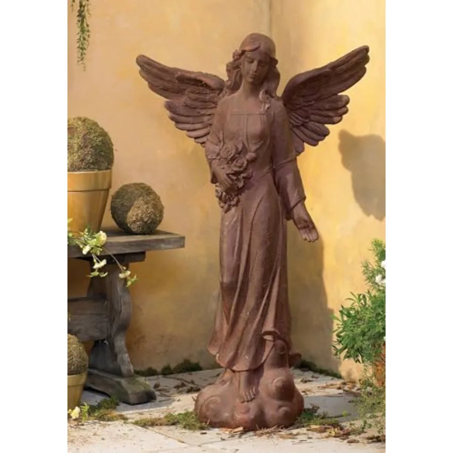 Tudor garden angel statue for outdoor patio use, cast stone material, antique white finish, weather-resistant and detailed craf