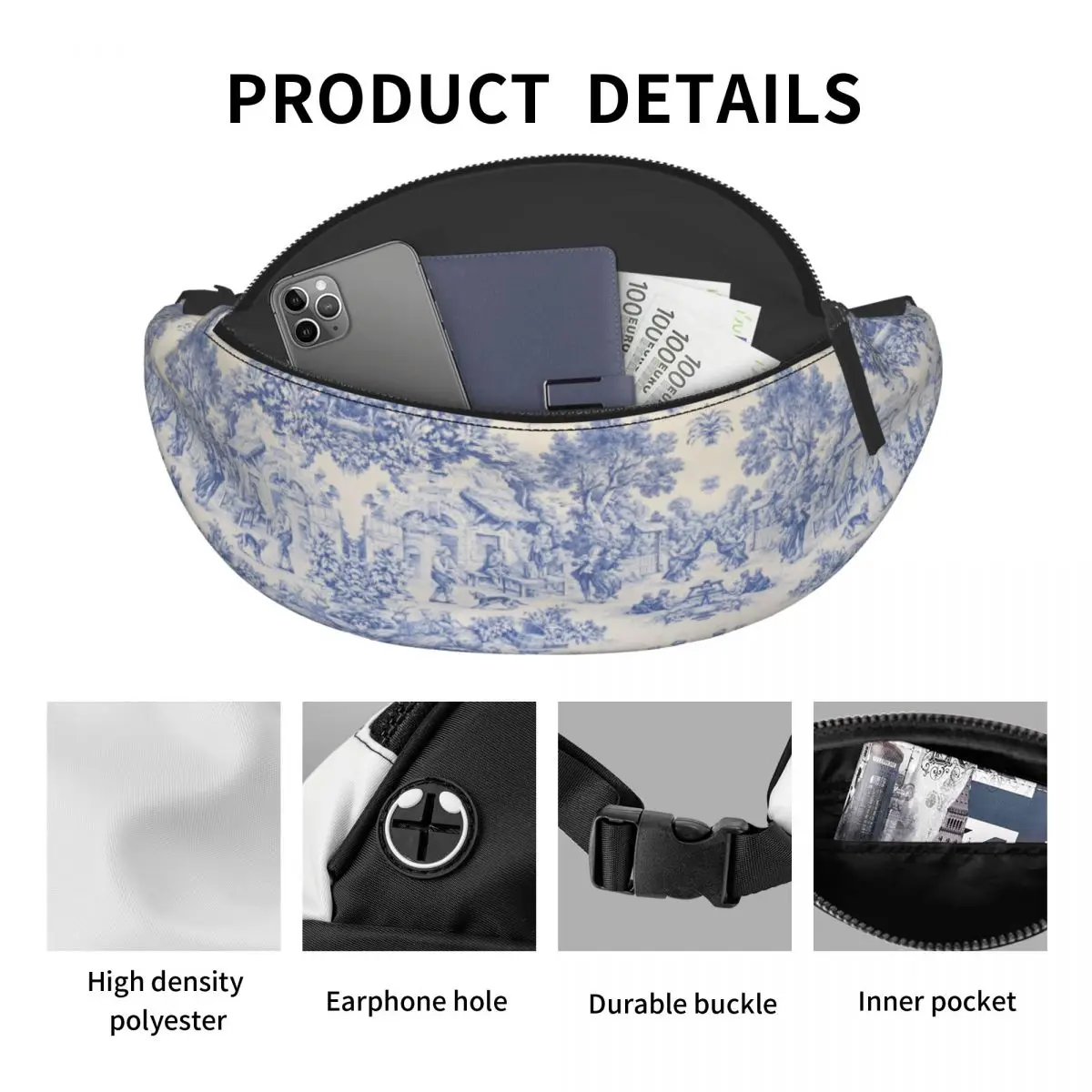 Casual Vintage Classic French Toile De Jouy Navy Blue Motif Pattern Fanny Pack Crossbody Waist Bag for Traveling Money Pouch