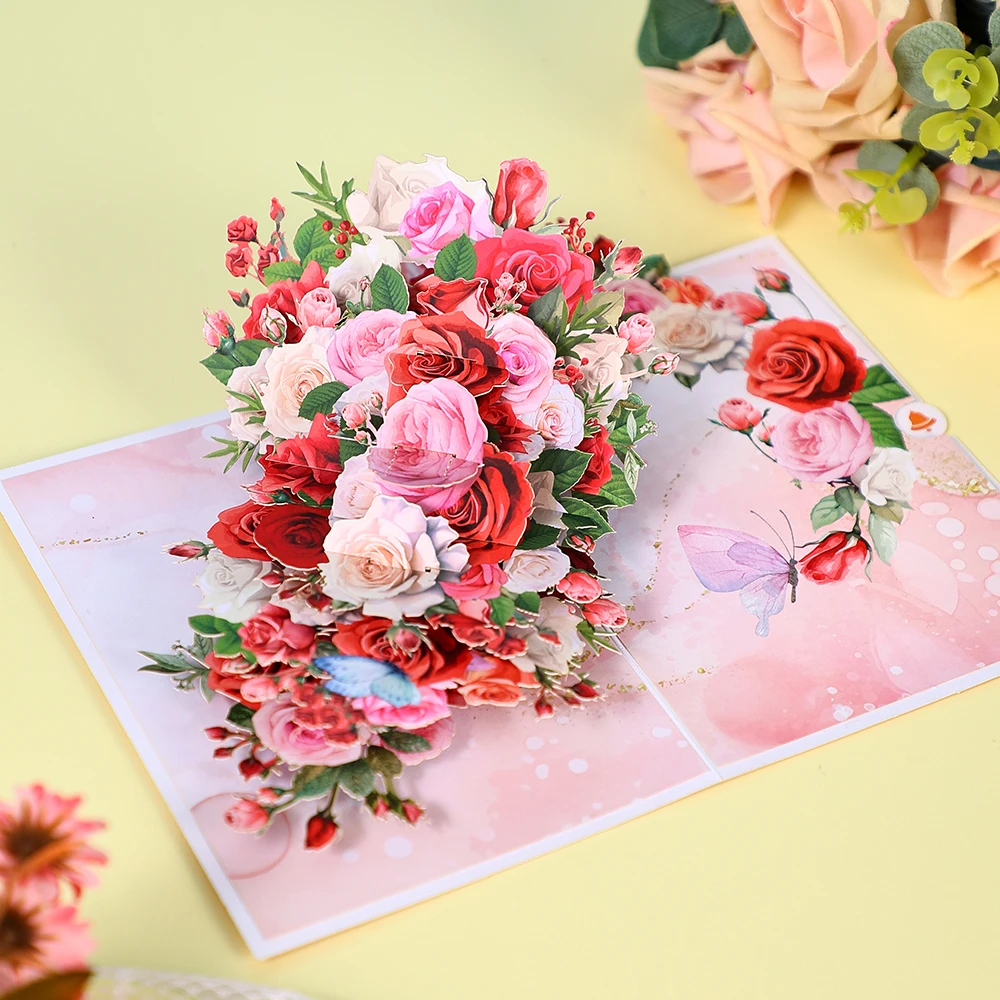 1pc Tulip Daisy Butterfly Pop-Up Card, Mother`s Day Valentine`s Day, Happy Birthday Greeting Card with Note