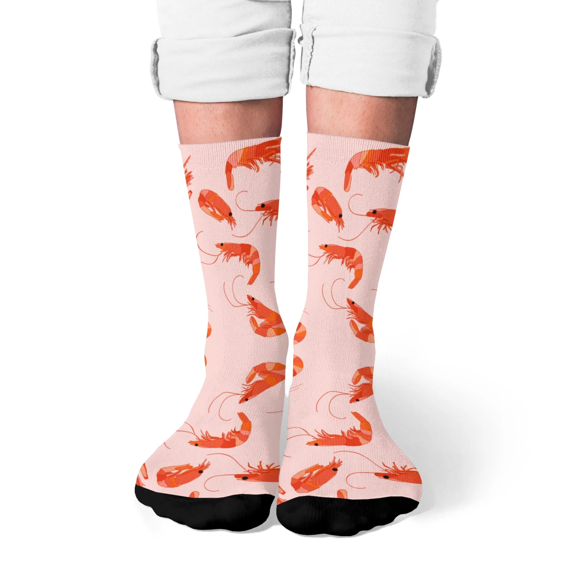 Men's Funny Seafood Socks Pink with Orange Shrimp Design Mid-Calf Length Novelty Footwear for Novelty Gift for Seafood Lovers