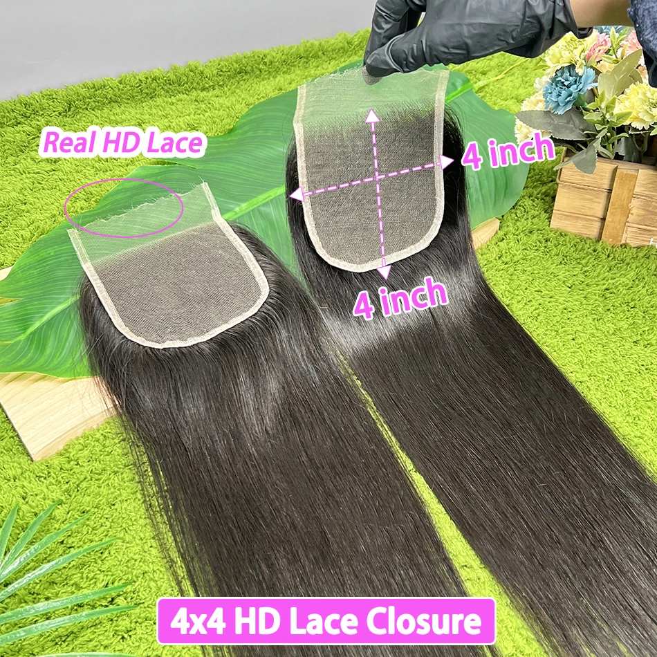 4x4 HD Transparent Lace Closure Straight Human Hair Preplucked Bleached Knots Invisible Closure #1B Natural Black Color Hair