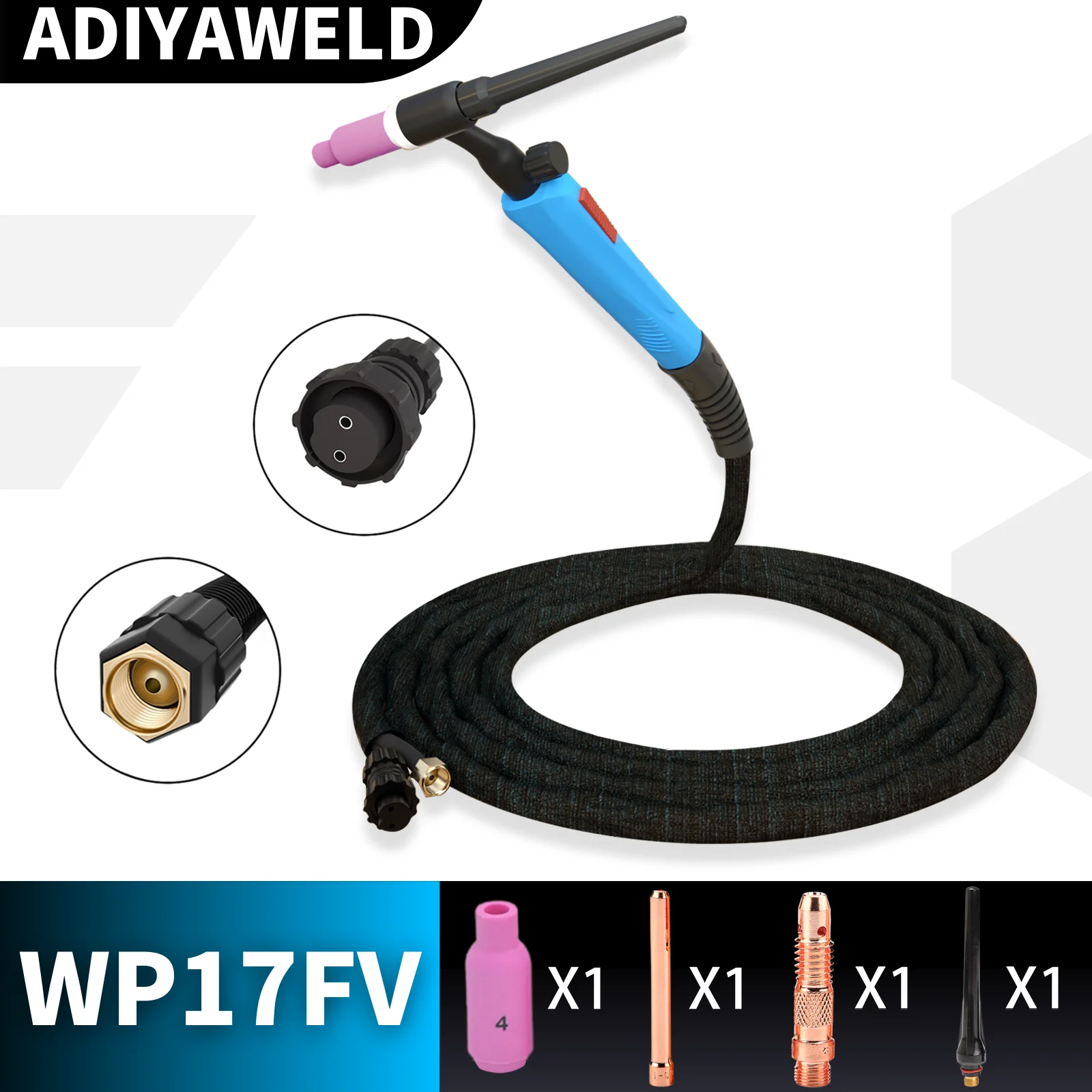 ADIYAWELD TIG Welding Torch WP17FV Argon Air Cooled Tungsten Arc Welding Torch 5M/16FT WP17 Flexible Head Gas Valve