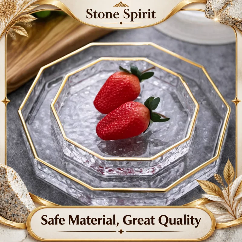 Golden Polygon Hammer Patterned Glass Plate, Western Style Dining Plate, Home Dessert Plate, Living Room Fruit and Snack Plate