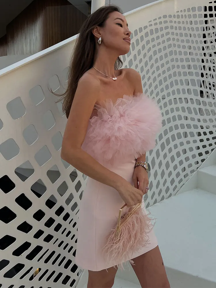 TRAFZA 2025 Summer Women Fashion Strapless Dress Pink Sheath Mini Dresses Female Chic Elegant Evening Woman Dress Vestidos
