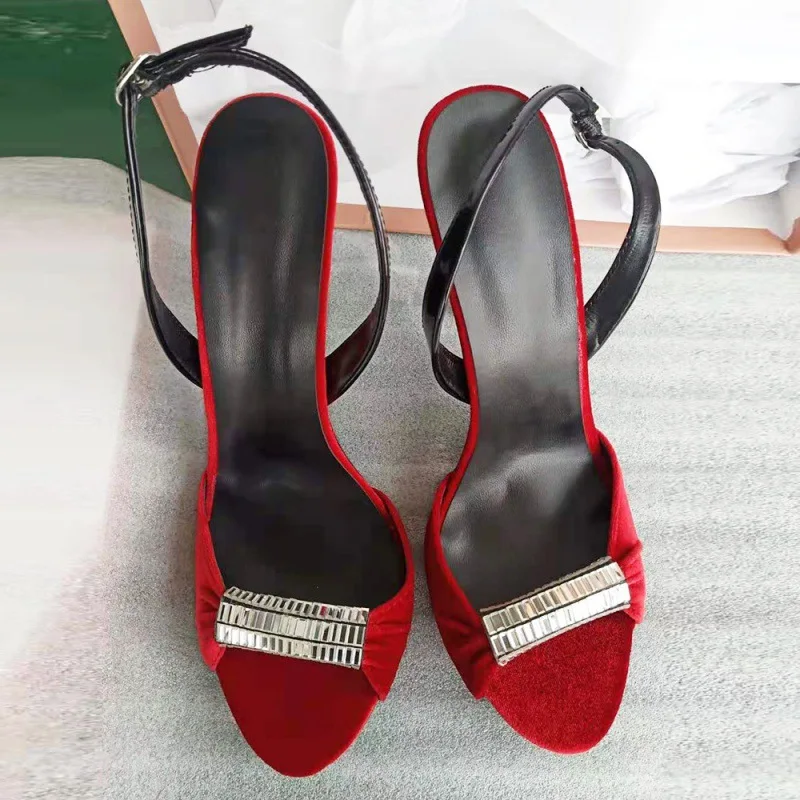 2024 New European and American Women\'s Black and Red Velvet Rhinestones Ultra-high Heel Sandals Dinner Shoes Fashion Women Shoes