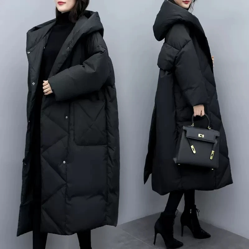 2024Winter New Women Down Jacket Fashion Loose Oversize Hooded Cotton Coat Long Black Back Split Parka Thick Warm Outwear Female