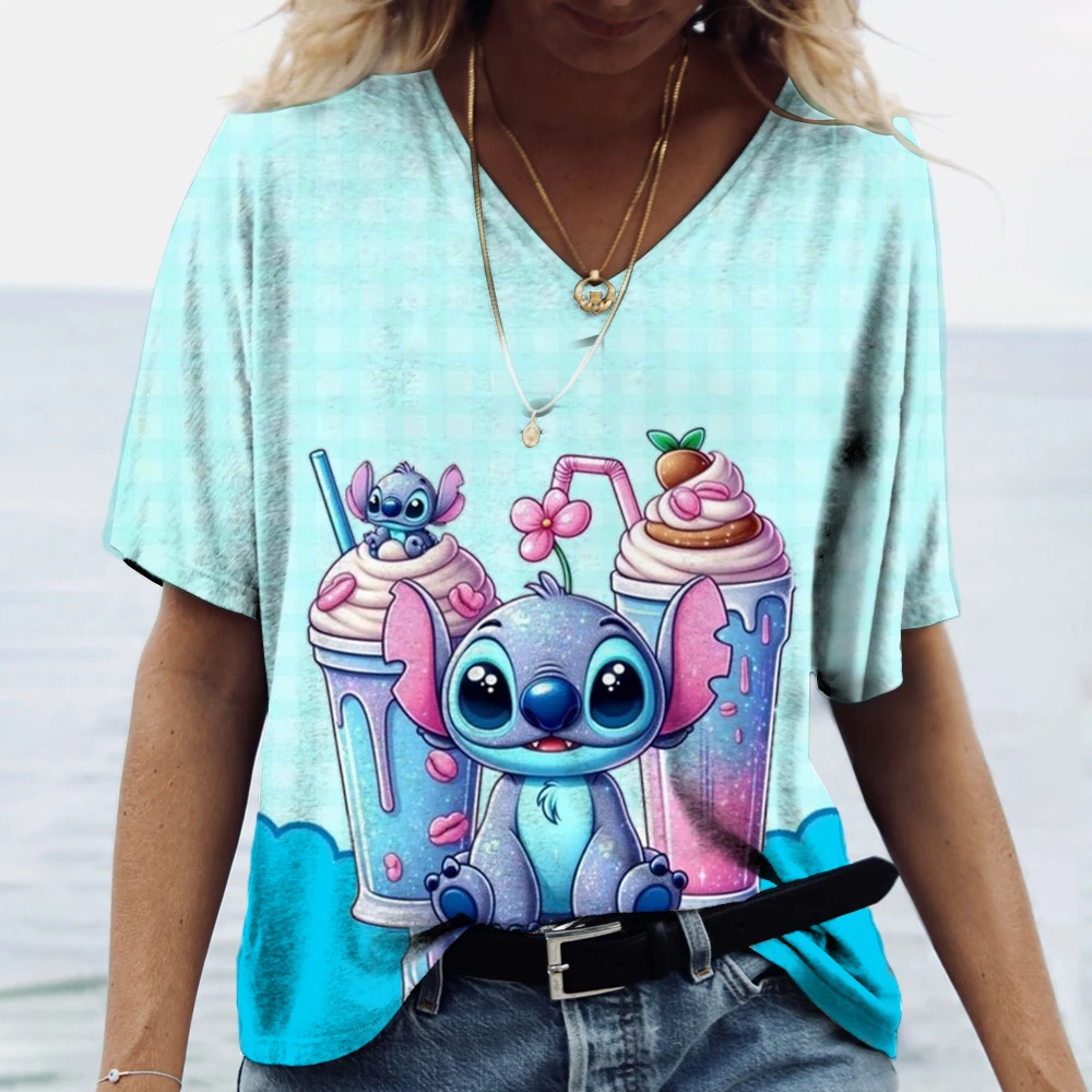2025 sommer Frauen Cartoon Stich Tops Tees Stilvolle T-shirt Weibliche Mode Kurzarm Kleidung Hohe Qualität Casual Streetwear