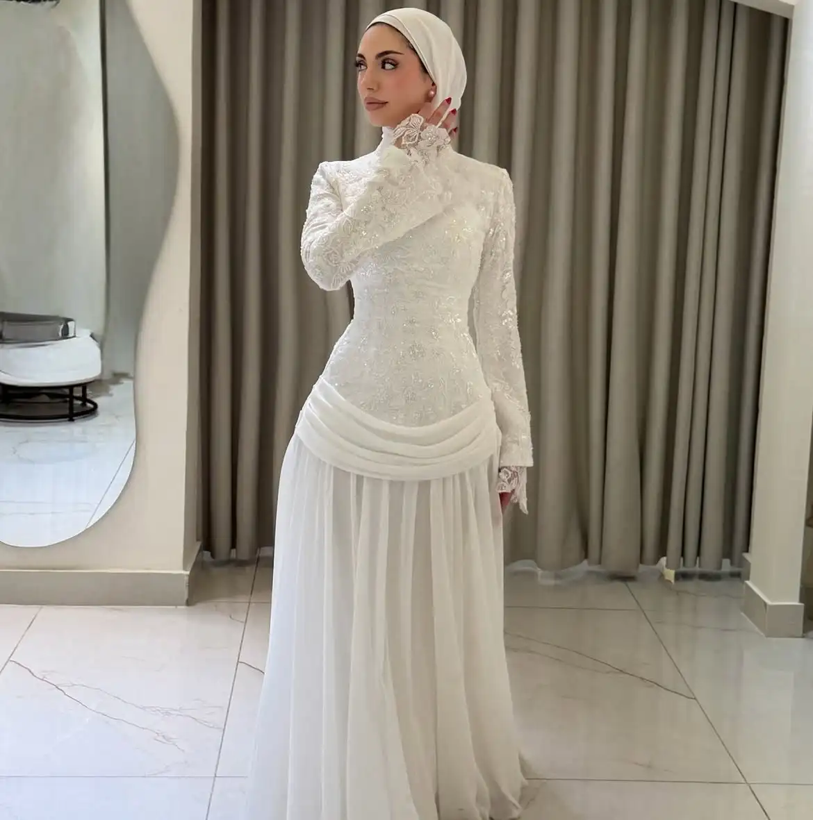 Women's Clothing 2026 Trend Ivory Islamic Long Evening Dress Bodice Ruched Waist Chiffon Matching Hijab Elegant Party Dresses