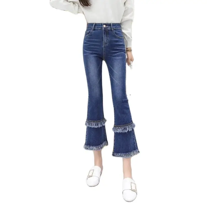 

Micro Trumpet Tassel Jeans Female Spring Summer Korean Version Student Slim Fit Show Thin Cake Cylinder Burrs Cropped Pants