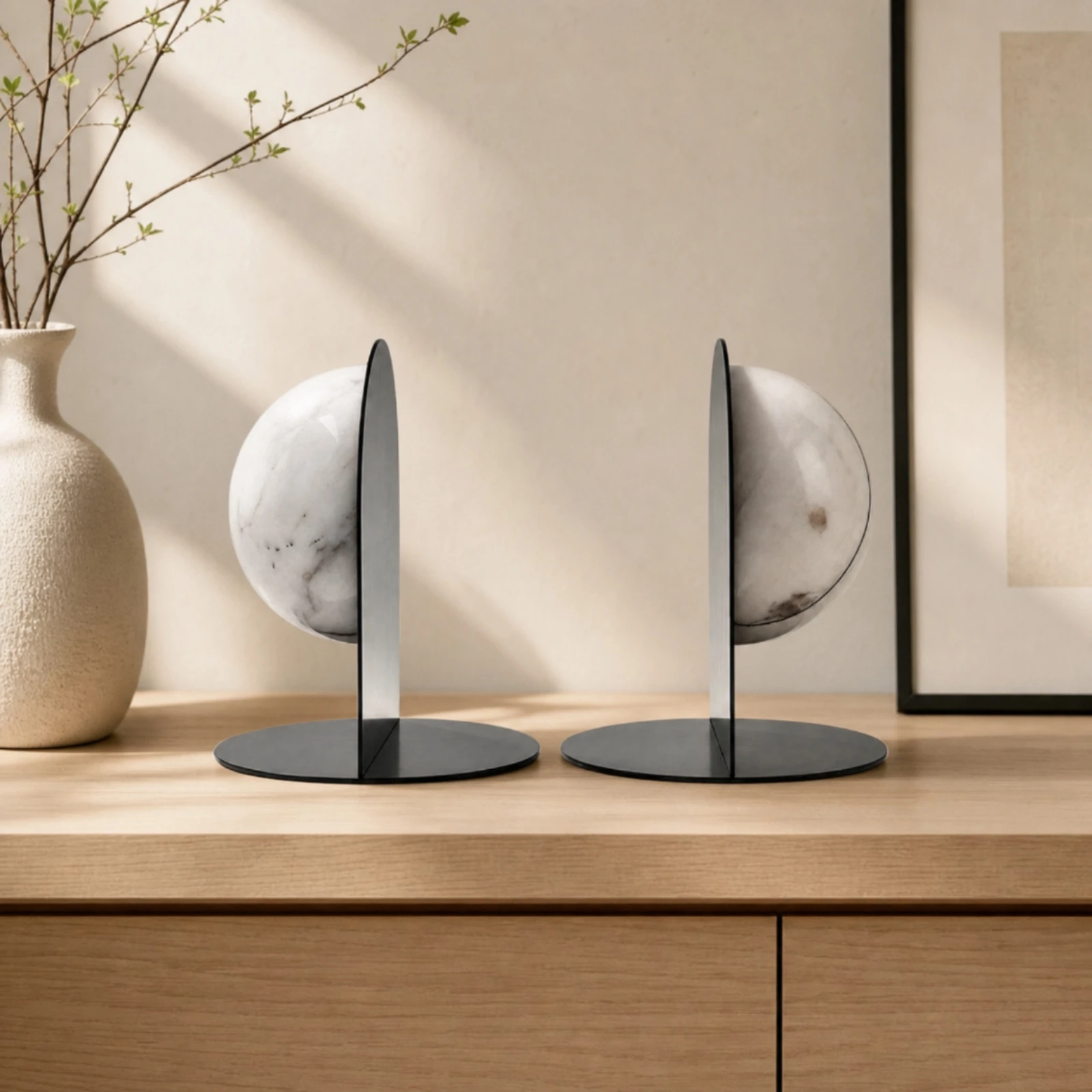 Round Bookends with Marble Sphere Geometric Marble Bookends with Metal Base Bookend Set Decorative Elegant for Readers
