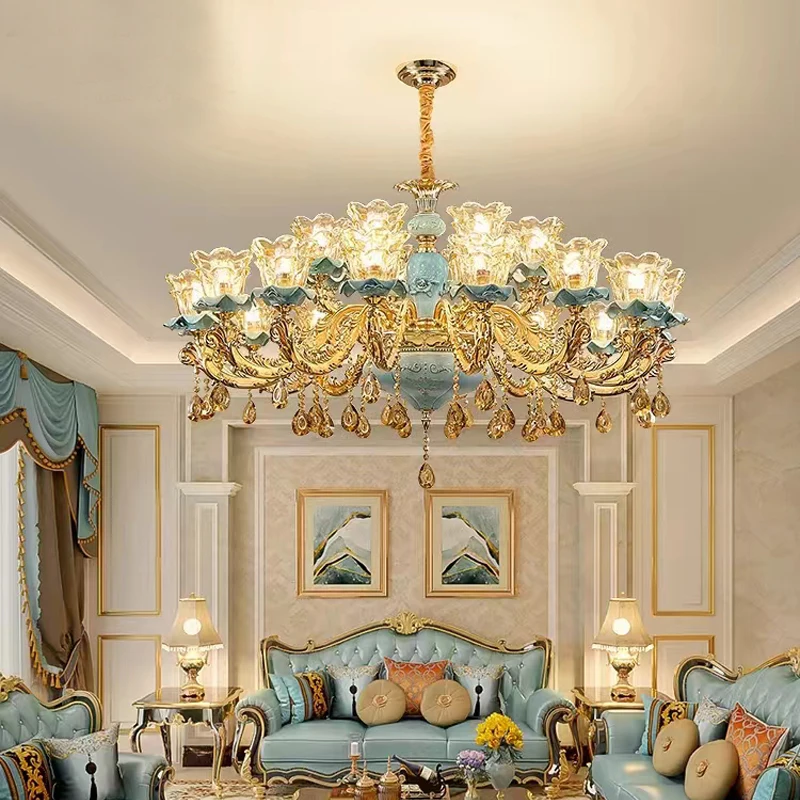 

European-Style Ceramic Retro Atmospheric Chandelier For Living Room Bedroom Model Room Villa Duplex Floor Chandelier