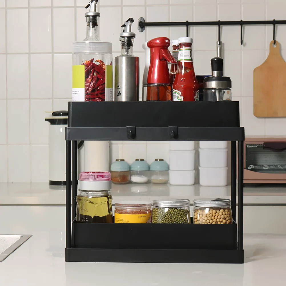 

Shelf under Sink Rack Organizer Bathroom Counter Organizers and Storage Countertop Black Kitchen Pull Out Cabinet Office