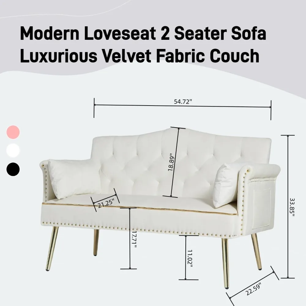 Small Velvet Loveseat Sofa with Gold Metal Legs,55-inch Modern Sofa Couch with 2 Side Pockets,Couch with Tufted Backrest for Liv image 2
