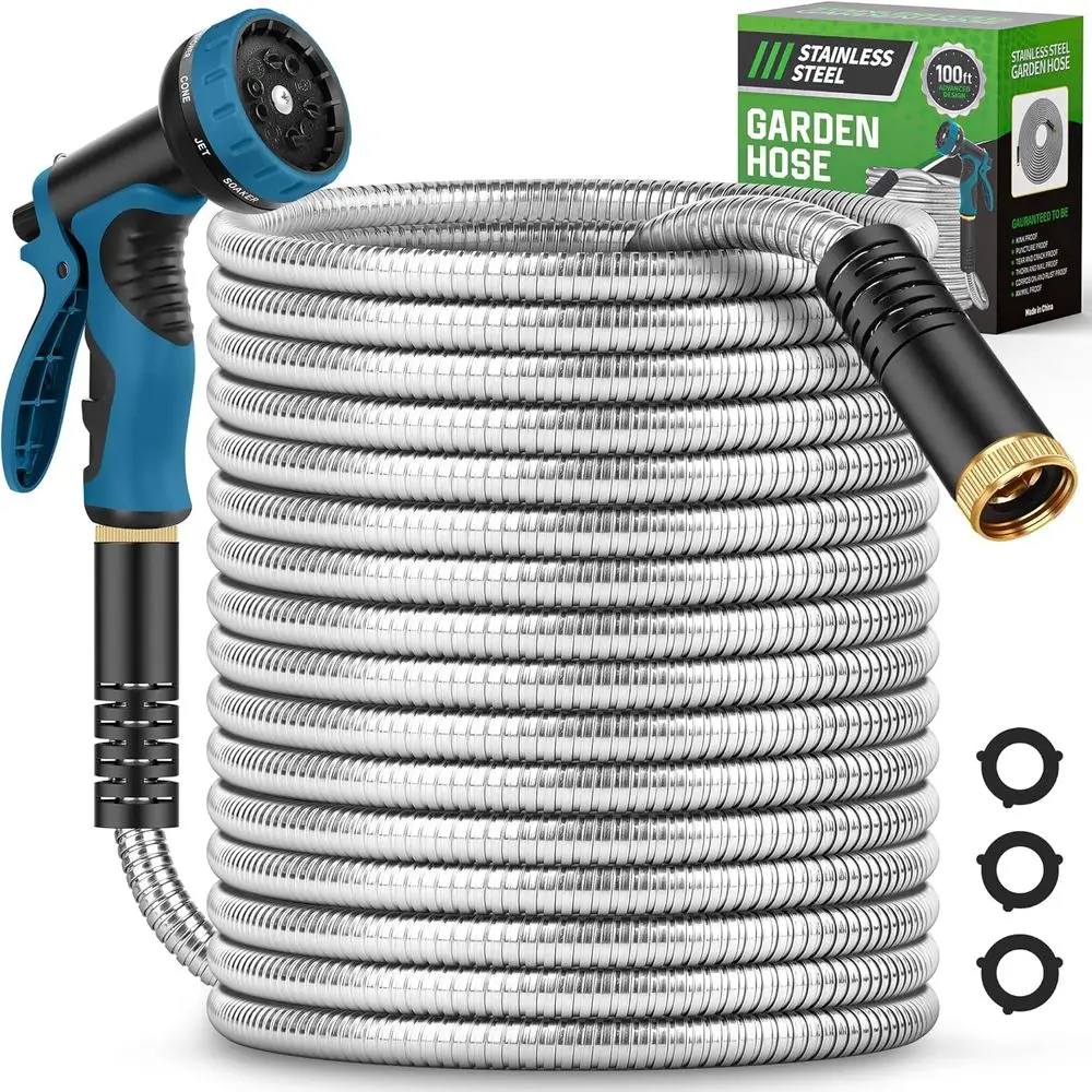 

100-Foot Durable Metal Garden Hose with 10-Setting Nozzle, Leak-Proof, Kink-Free, Pet-Resistant, 550PSI for Outdoor Use