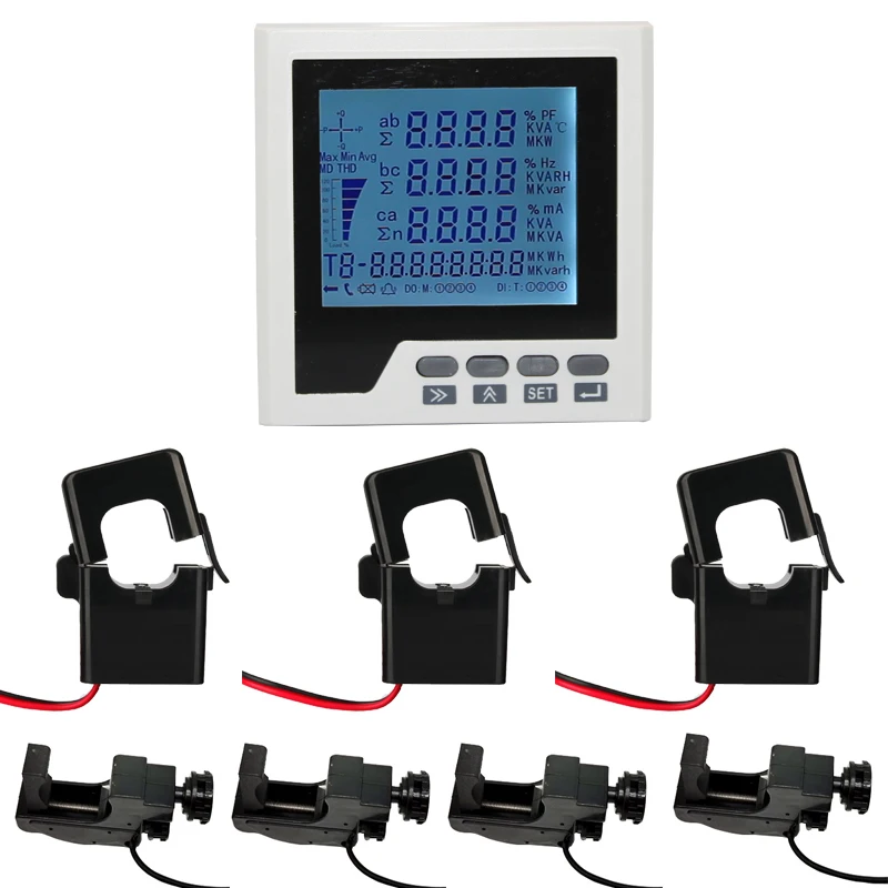 3 phase electric multifunction panel meter with ampere clamp and voltage clamp with RS485 communication electricity meter