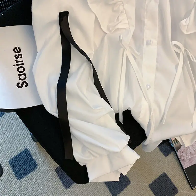 Spring Autumn New Solid Color Fashion Long Sleeve Shirt Women Elegant POLO Collar Button Cardigan Ruffles Bow All-match Blouse