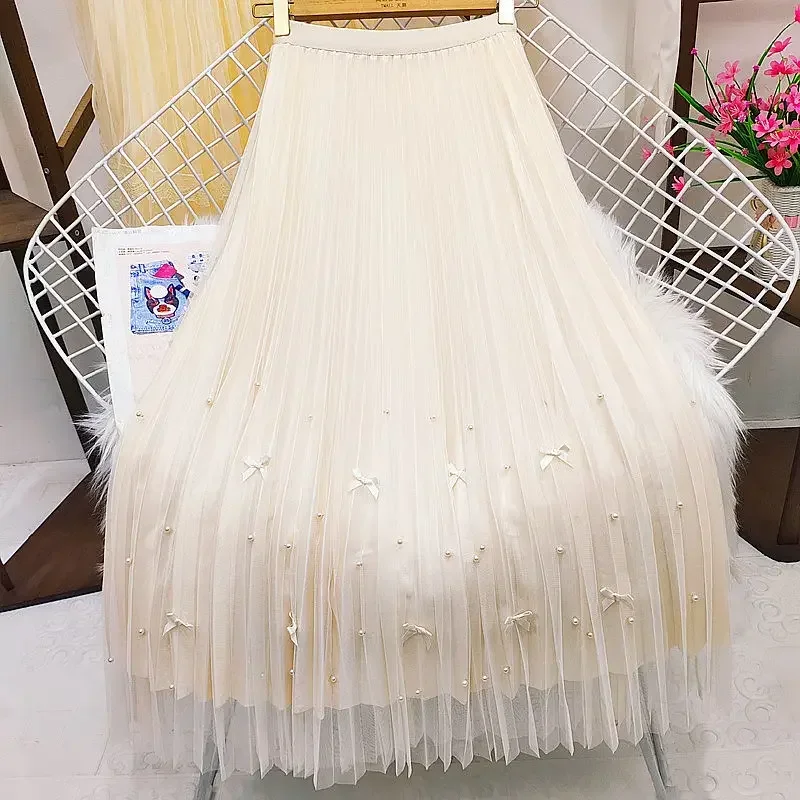 Elegant Bow Tulle Skirts Women 2024 Fashion High Waist Causal Faldas Sexy Mujer Korean Beading Mid Length A Line Pleated Skirt