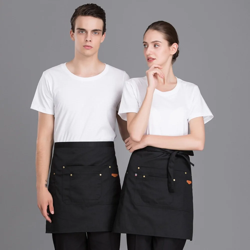 Short Half Apron | Server Apron for Restaurant/Bar/Cafe | Multi-Pocket Waist Apron for Hotpot Shop