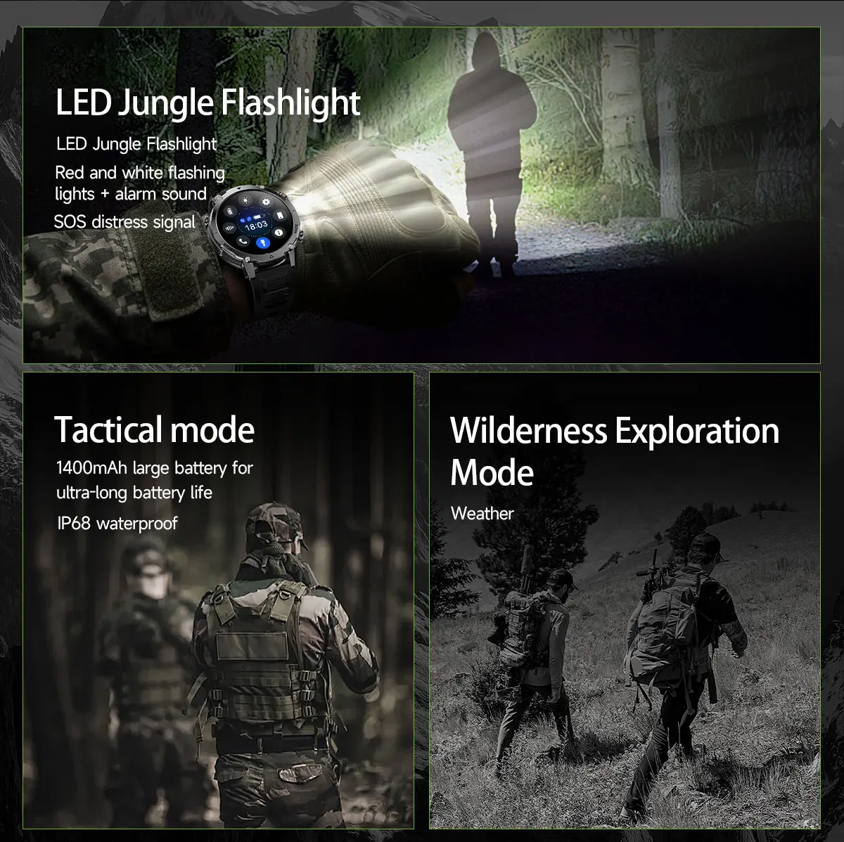 Robuste und langlebige 1400mAh Batterie Smartwatch für Herren Outdoor-Taschenlampe IPX8 Wasserdicht Herzfrequenzmessung Drahtlose Anruffunktion Sportarmbänder – Detail 9