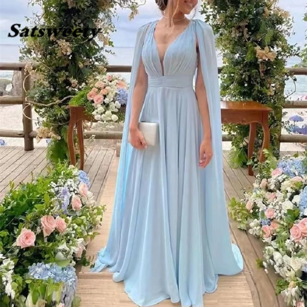 

Long A Line Bridesmaid Dresses With Streamer Cape Sky Blue Chiffon Plunging Neck Backless Party Dress Maid Of Honor