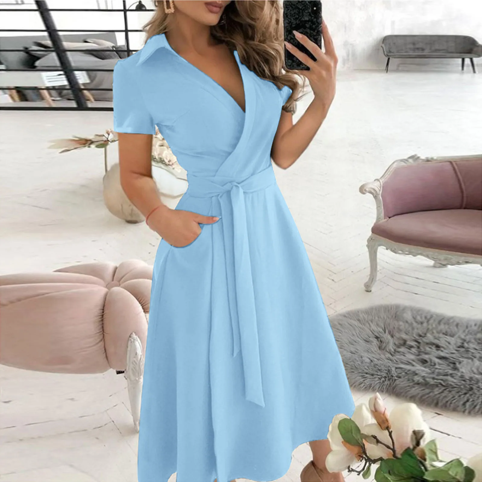 Women\'s Fashionable Solid Color V-neck Short Sleeved Lace Up Slim Fit Wrap Buttocks Dress Lapel Mid Length Elegant Dresses