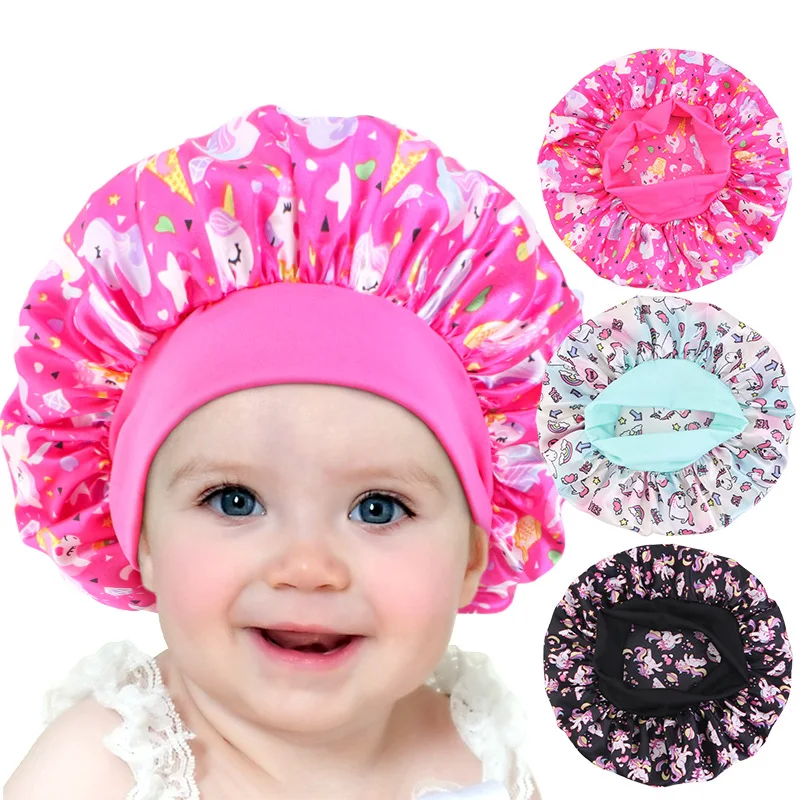 New Baby Bonnet Kids Unicorn Silky Bonnet With Wide Elastic Band Satin Sleeping Cap Night Hair Hats for Teens Toddler Child