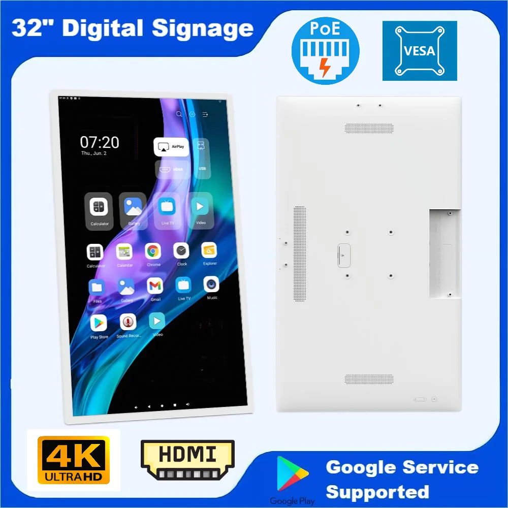 

32 Inch UHD 4K Android 14 Tablet With 8-core CPU Landscape & Portrait POE Monitor Wall Mount White & Black Color HDMI IN Display