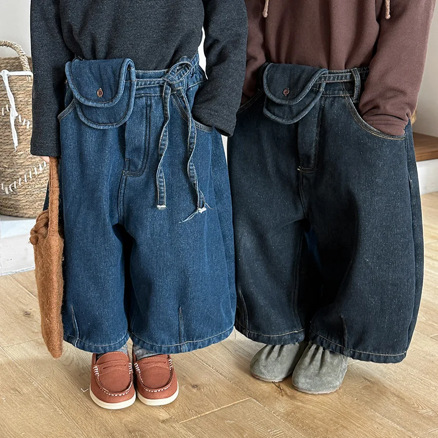 

‌2025 Winter Kids Fleece-lined Jeans Wide-leg Pants Unisex Toddler Thickened 3/4 Length Cotton Blend Stretchy Casual Outfit