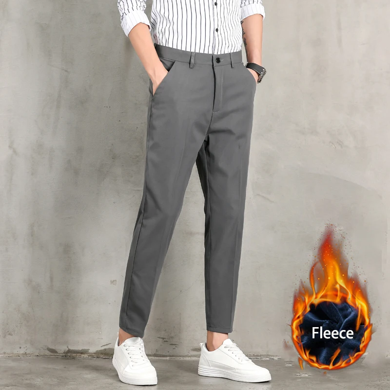 Men's Slim Fit Draped Stretch Fleece Cropped Pants Outdoor Windproof Solid Color Slacks Men's All-season Comfortable Slacks