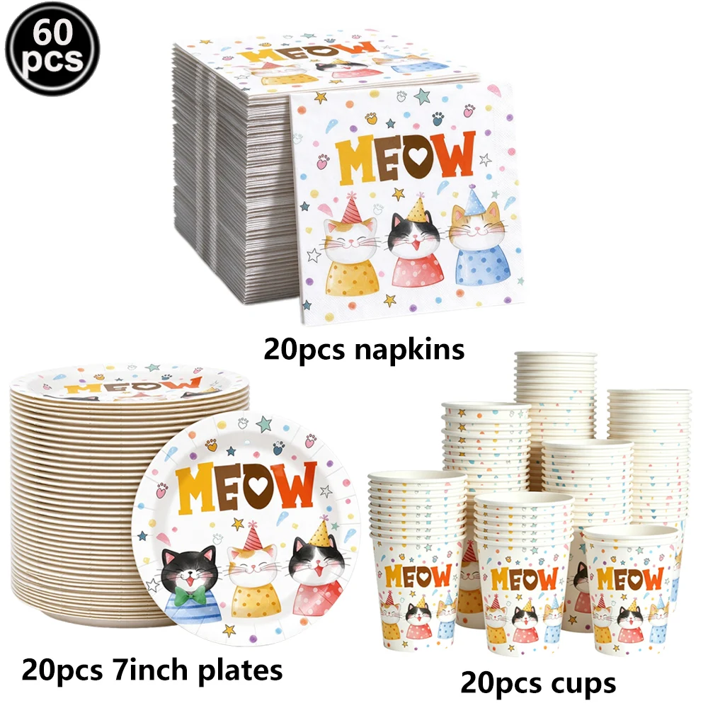 Cute Cat Theme Party Tableware, Plates, Cups, Napkins