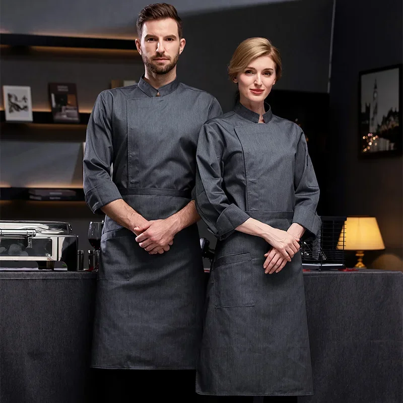 Uniforme de chef gris à manches longues, veste de chef d'hôtel, t-shirt, haut de chef d'hôtel, manteau de travail de restaurant, vêtements de cuisine respirants Chamonix, logo, nouveau