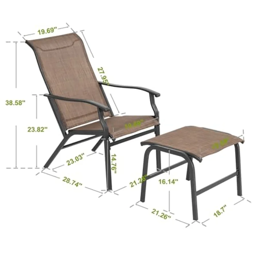 Outdoor Patio Chaise Lounges Chair, Recliner with Ottoman, All-Weather Textilene Metal Frame, Brown Durable for Backyard, Deck,