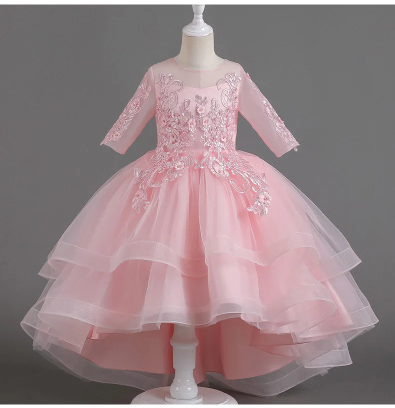 

Pink Lace Flower Girl Dress For Wedding Tulle Puffy O-neck Ruffles Applique Kids Birthday Princess First Communion Ball Gowns