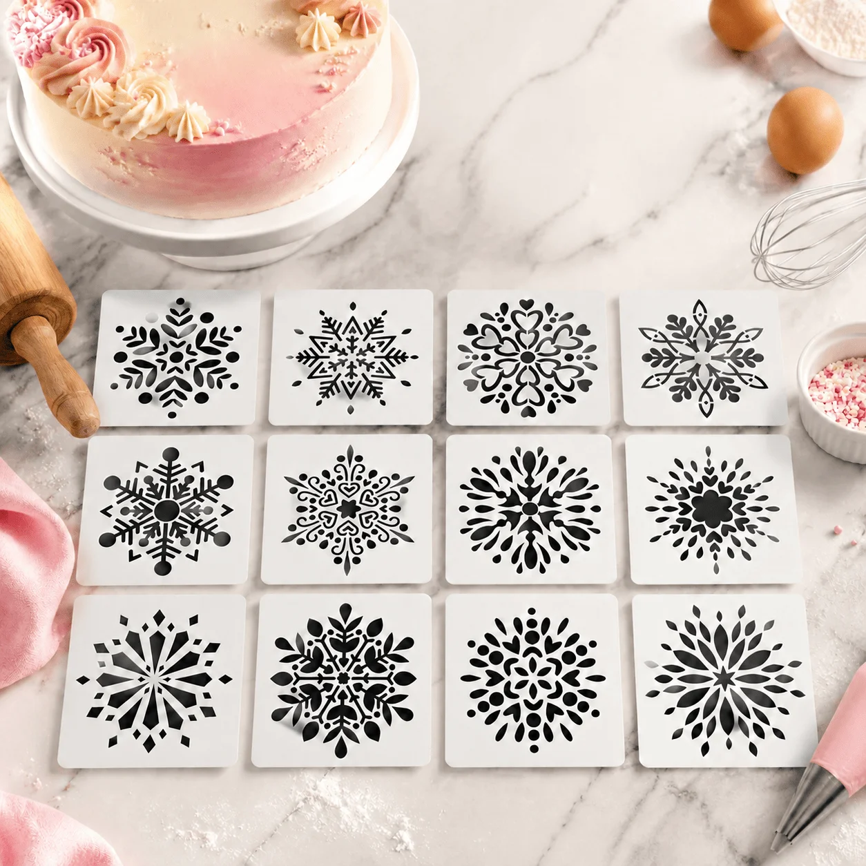 12 Styles Snowflake Stencils, Cake and Cookie Baking Decor Templates, Reusable Winter Baking Spray Stencils