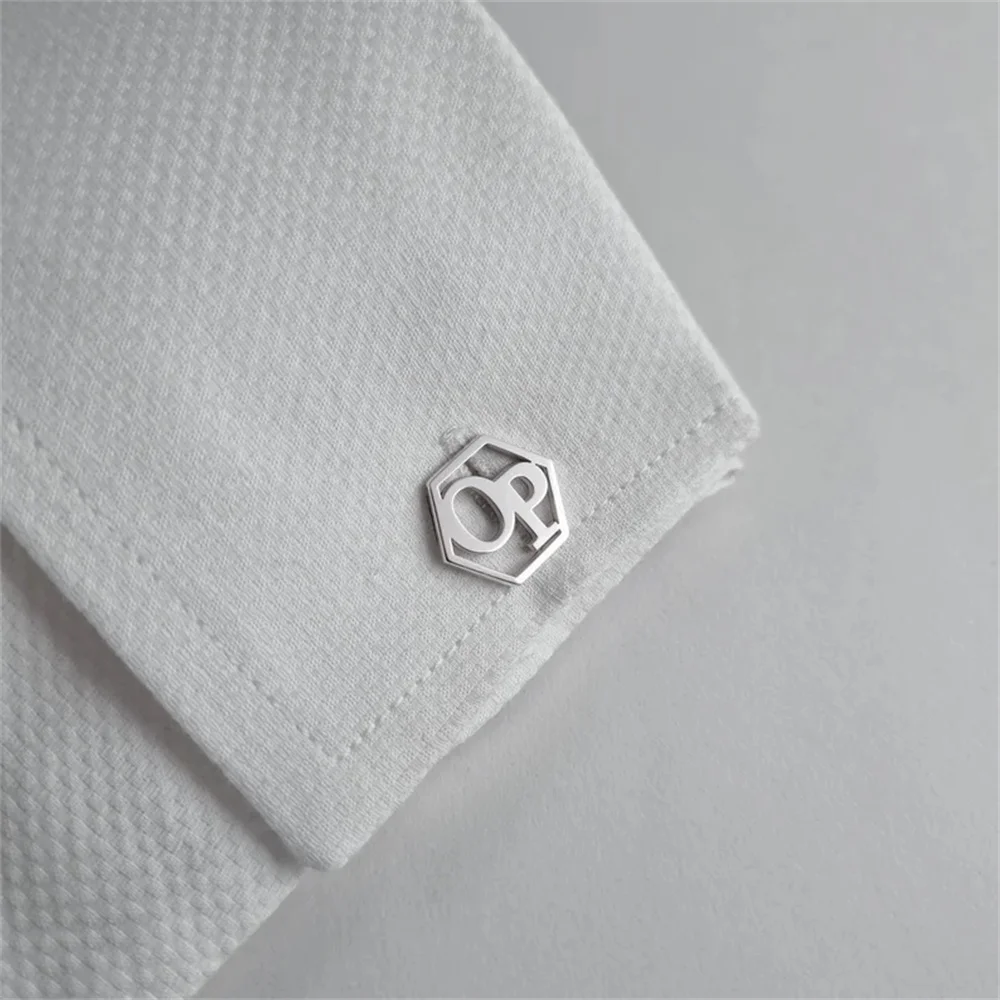 Tangula Custom Hexagon Logo Men Initials Cufflinks Stainless Steel Personalized Wedding Cufflinks for Groom Best Jewelry Gift
