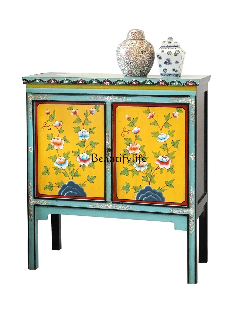 

1New Chinese painted retro solid wood porch painted paint old hand painted furniture Tibetan style