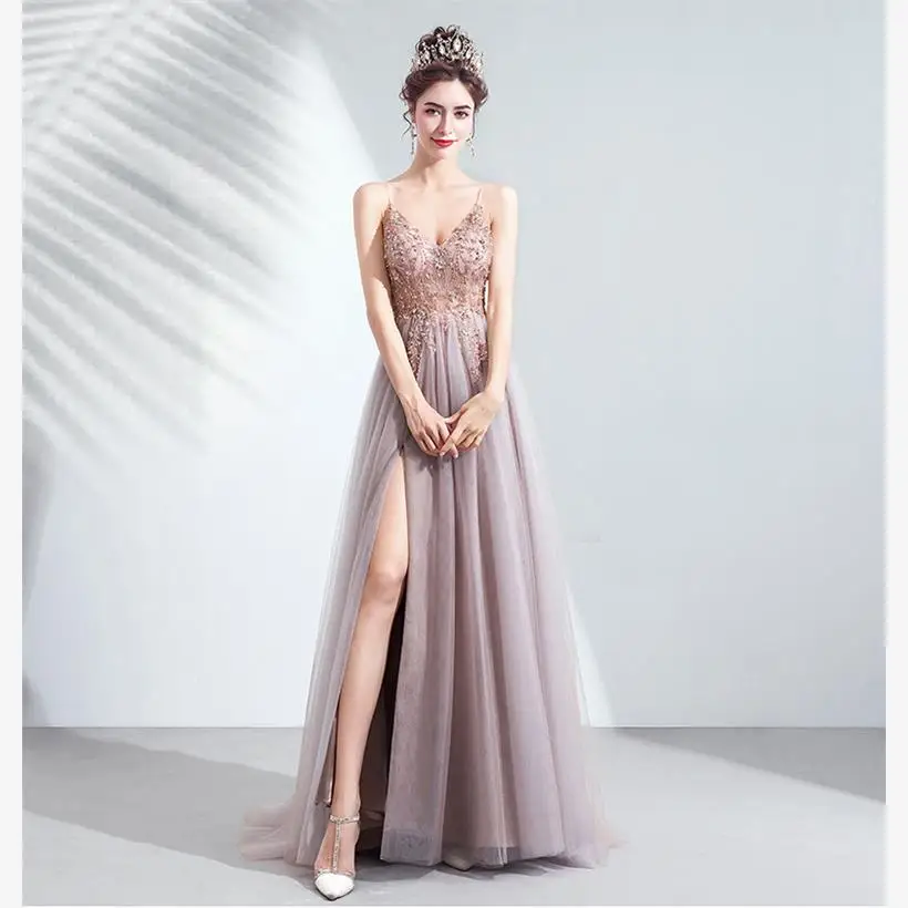 

Pink Gown Wedding Dr Evening Gown Dinner Par ow Off-oulder Tulle Strapl High Slit Faionable Bridal Dr