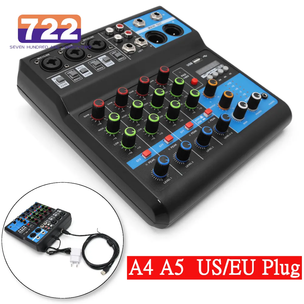 HD Audio 4 5 Channel Sound Mixer Professional Portable Console Computer Input 48v Power Live Broadcast A4 A5 Sound Audio Mixer