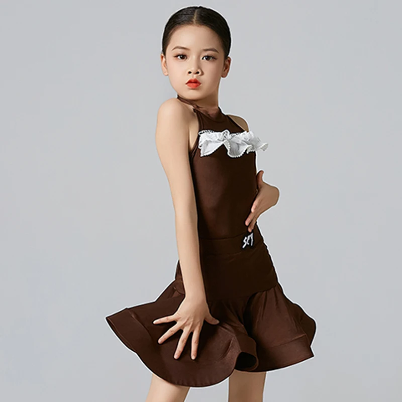 Vestiti da ballo latino per ragazze Costume da spettacolo professionale estivo senza maniche vestito marrone pratica bambini Dancewear DNV20188